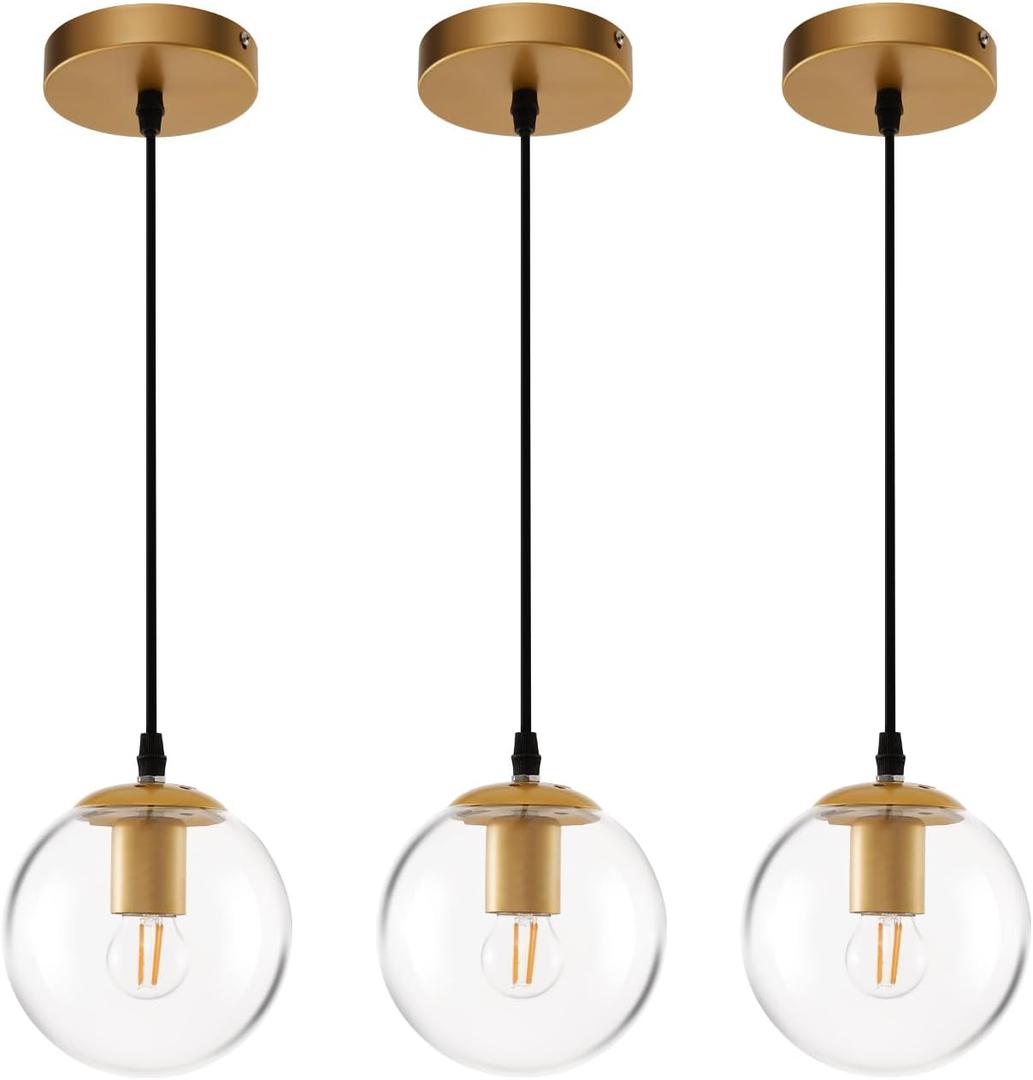 Clear Glass Pendant Lights Kitchen Island 3 Pack, Gold Hanging Light Fixture, 6 Inch Modern Pendant Light Fixtures for Kitchen, Farmhouse, Dining Room