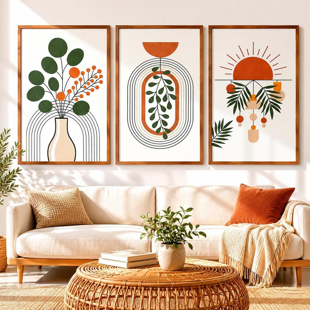 Boho Wall Art Set of 3 Framed Canvas Prints, Abstract Geometric Line Art with Sun & Botanical Leaf, Minimalist Sage Green Wall Decor for Living Room Bedroom Bathroom Home Office, 16x24 Inch