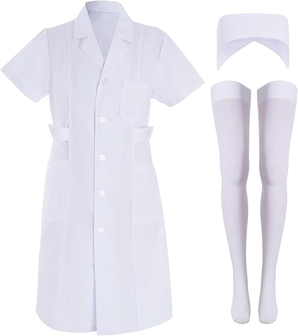 3pcs Nurse Costume for Women White Short Sleeve White Lab Coat Doctor Costume Halloween Nurse Dress Outfit (X-Large)