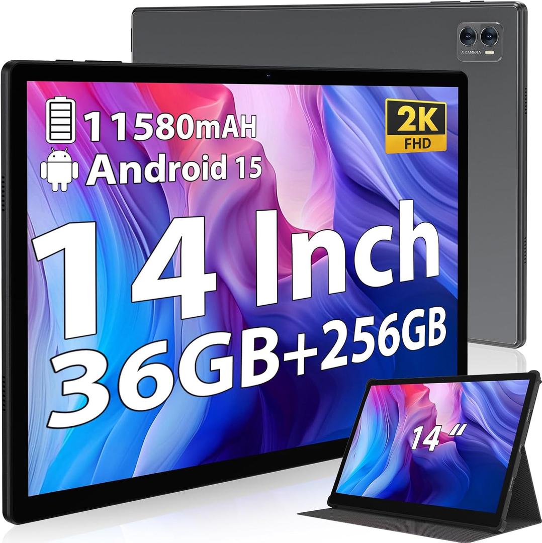 Tablet 14 Inch Android 15 Tablets, 2000*1200 IPS Display Tablets, 256GB Storage(Expand to 2TB) + 36GB,11580 mAh 18W PD Fast Charger, 8 Core CPU,4 Speakers, 5G WiFi, 8+13MP, Tablet with Case - Black