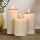 Real Wax Flameless Candles with 6hrs Timer, Battery Led Pillar Candles Flickering 3D Wick Pack of 3 Striped Candles, Party Dinner Home Decor House Warming, Light Gray  3" H 5" 6" 7"