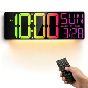 JALL 18" Large Digital Wall Clock with RGB Lights & Remote, Digital Clock with Bluetooth Sync & DST, Wall Clock with Temperature & Seconds Display, Clocks for Living Room, Seniors (Black)