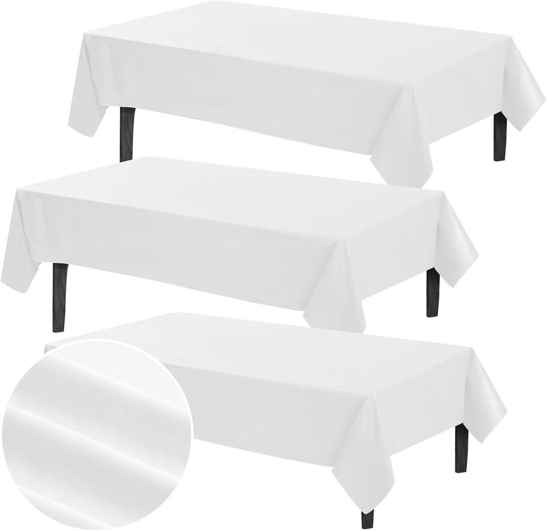 Preboun 3 Pcs Vinyl Tablecloth 54 x 108 Inches Rectangle Vinyl Flannel Backed Tablecloth Waterproof Plastic Table Cover for Dinner Kitchen Outdoor Indoor Rectangle Tables(White)