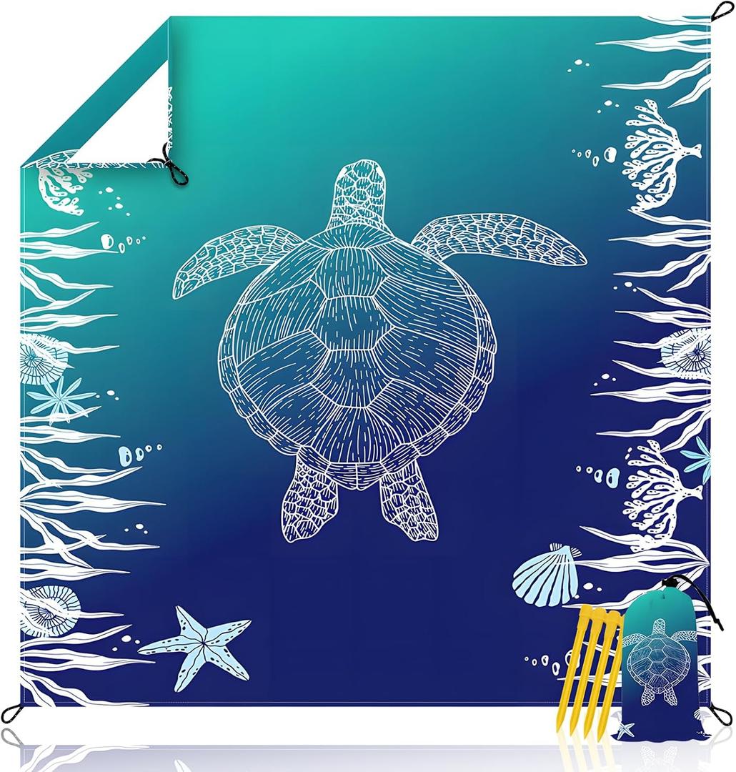 Beach Blanket Waterproof Sandproof Extra Large 80"x80" Sand Free Mat for 1-8 Adults, Quick Drying with 4 Stakes & Corner Pockets for Beach Travel Camping Picnic Hiking, Sea Turtle