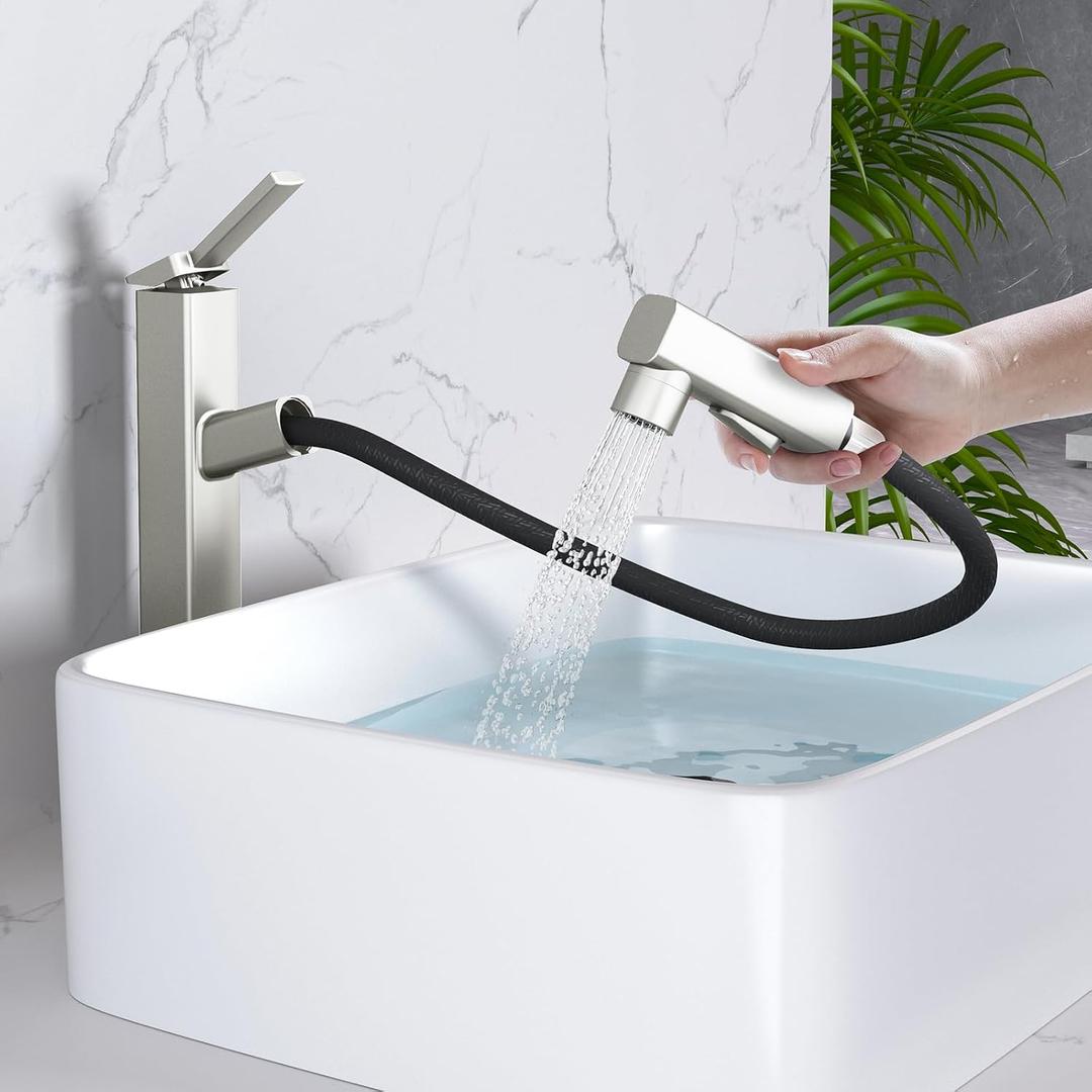 MIAOHUI Vessel Sink Faucet with Pull Out Sprayer, 3 Spray Mode Tall Bathroom Sink Faucet, High Bathroom Faucets for Sink 1 Hole, Single Handle Modern Vanity Faucet with Fountain Mode, Brushed Nickel