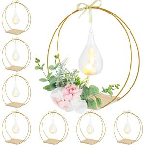 8 Pack 12 Inch Double Floral Hoop Centerpiece with Candle Lights, Metal Floral Hoop Table Centerpiece with Stand, Gold Metal Floral Hoops Table Centerpiece Decoration for Wedding Party (Set of 8)