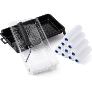 Bates- 4 Inch Foam Paint Roller Set, 15 pcs, Small Paint Roller Kit, 1x Black Plastic Paint Tray, 3X Transparent Tray Liners, 1x Roller Frame & 10x White Foam Covers