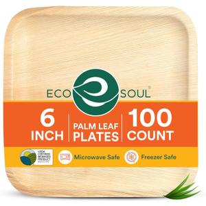 ECO SOUL 100 Count Square Palm Leaf Plates of 6 Inch - Disposable, Eco-Friendly, Biodegradable Bamboo Plates - Perfect for Parties, Catering, Weddings & Large Events (6" Square Plates, 100)