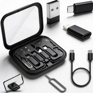 USB-C Travel Adapter Kit for iPhone, Pixel & Galaxy: USB-A to C, Micro-USB to C, Type-C to Lightning, Short USB-C Cable, OTG, Mirror Case (Black)