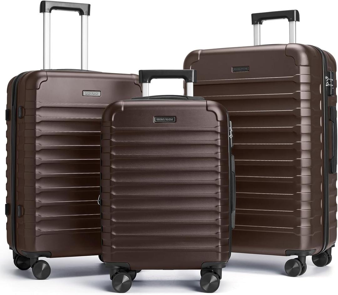 LIGHT FLIGHT Luggage Sets 3 Pcs Suitcase with Wheels,20"/24"/28",Brown, 3-Piece Set-20 Inch/24 Inch/28 Inch