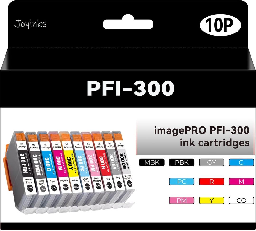 10-Pack PFI-300 Ink Cartridges Compatible for Canon PFI300 imagePROGRAF PRO 300 Priner Ink High Yield Combo Pack (MBK/PBK/C/M/Y/PM/PC/R/GY/CO)