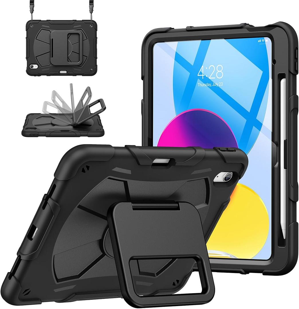 Supveco Rugged Case for iPad (A16) 11th Generation 11 Inch 2025 / iPad 10th Generation 10.9 Inch 2022, Heavy Duty Shockproof Cover with 360° Kickstand, Pencil Holder & Shoulder Strap, Black