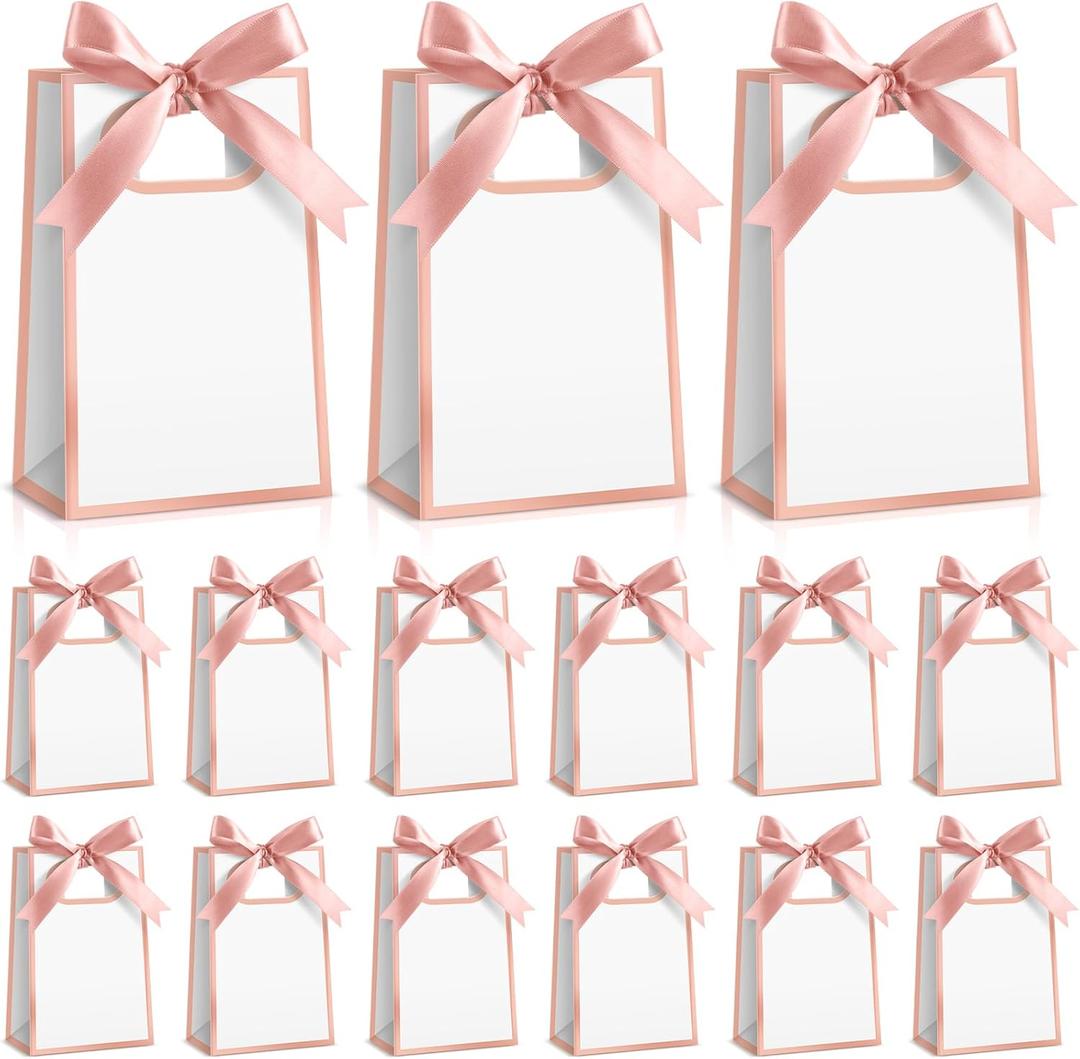 Kolldenn 24 Pcs Small Gift Bags with Bow 6.3 x 3.9 x 2.8 Inch Thank You Gift Bags Elegant Mini Paper Bag with Handles for Wedding Bridal Birthday Baby Shower Bridesmaid Party Favors(White Rose Gold)