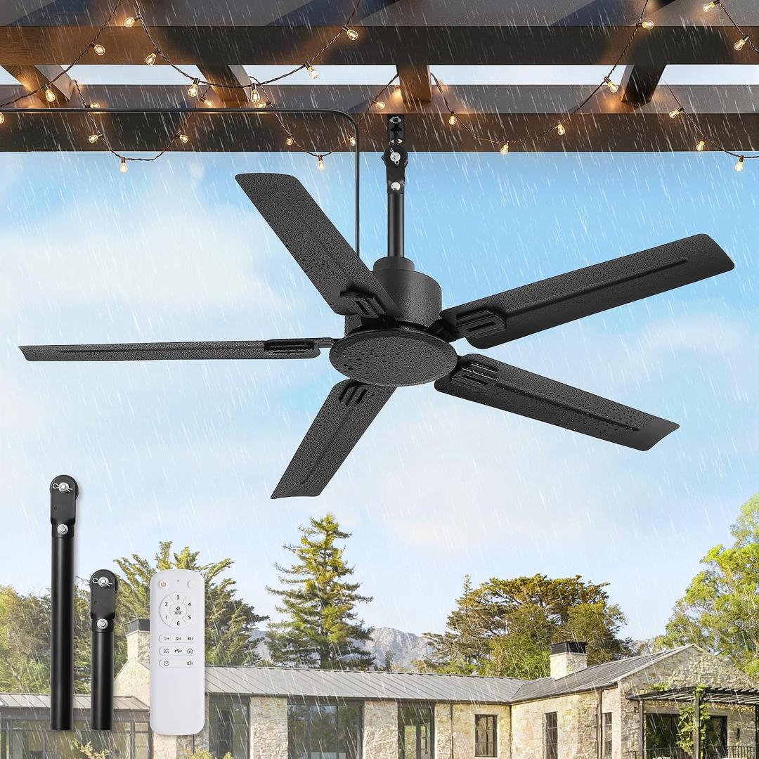 Fanbulous 48'' Outdoor Ceiling Fan No Light,IP65 Wet Rated Waterproof Ceiling Fan with Remote, 6-Speed DC Motor, Farmhouse Gazebo Fan for Porch Patios Pavilion(Black)