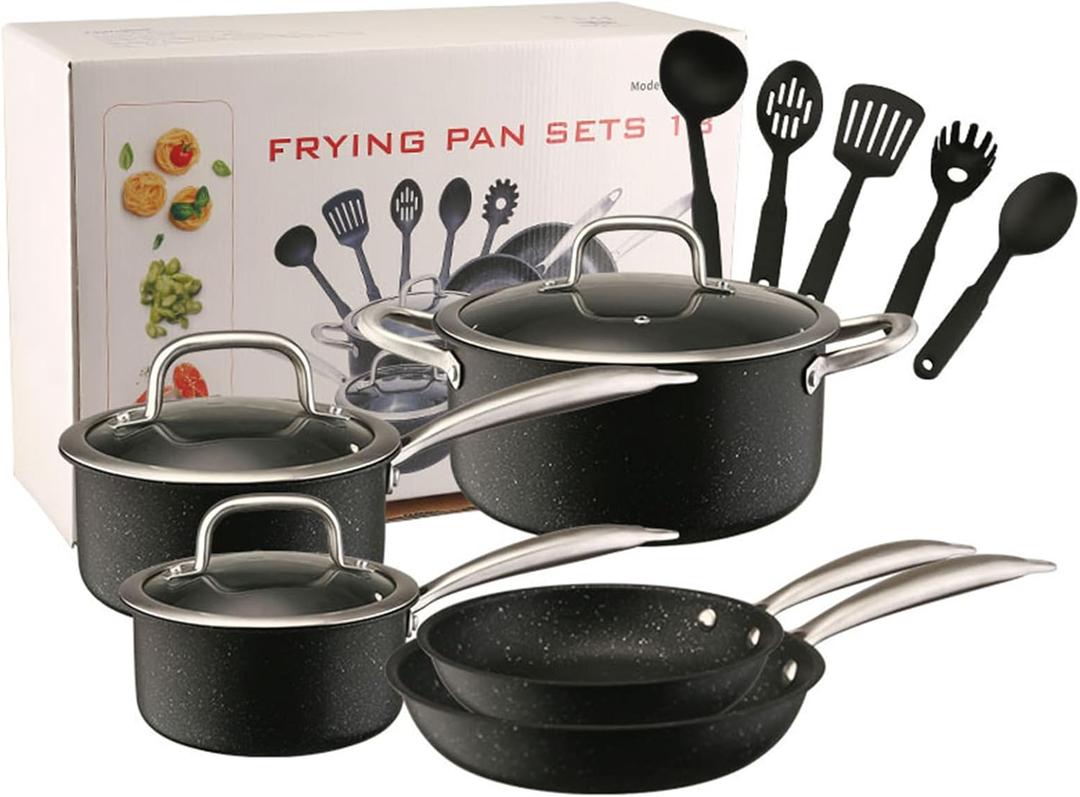 Nonstick Kitchen Pots and Pans Set with Visual Lid Includes Milk Pot Soup Pot Frying Pan and Tableware Sets 13Pcs Induction Cookware Cooking Set for Oven & Dishwasher Safe
