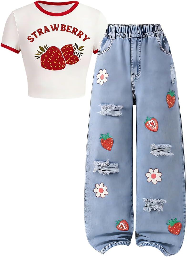 Azmxynol Tween Girl Clothes Trendy 2 Piece Outfit Short Sleeve T-Shirt Top + Butterfly Straight Jeans Denim Spring Summer Girls Fashion Clothing Set Size 11-12, Red Strawberry