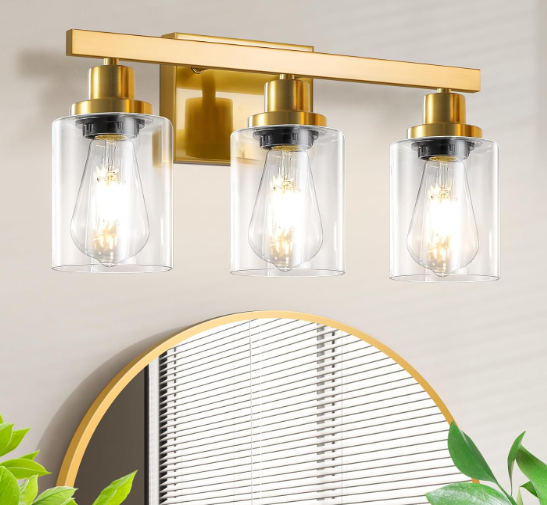 DIKAIDA 3 Light Gold Bathroom Light Fixtures, Bathroom Vanity Light Over Mirror, Gold Wall Sconce Vanity Lighting with Clear Glass Shade,Modern Farmhouse Bath Wall Lamp for Mirror Kitchen