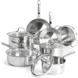 T-fal Stainless Steel Pots and Pans Set 9 Piece, Induction, Oven Broiler Safe 500F, Kitchen Cooking Set w/Fry Pans, Saucepans, Saute Pan, Steamer, Cookware, Dishwasher Safe, Silver