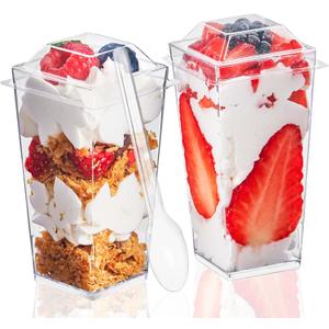 TOFLEN 50 Pack 3 oz Square Mini Dessert Cups with Lids and Spoons Clear Plastic Dessert Shooter Cups for for Party, Yogurt, Parfait, Cheesecake, Pudding, Jello and Appetizers