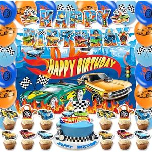 42 Pieces Hot Cars Birthday Decorations Race Car Banner, Cake Toppers, Balloons, Backdrop Party Supplies for Baby Shower Wheels Birthday Party Decorations