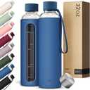 KIVY Glass Water Bottle with Silicone Sleeve 32 oz [WITH MEASUREMENT] - Borosilicate Glass Water Bottle Screw Top - Clear Bottles with Measurement Marking - Slim Waterbottle Aesthetic - Dark Blue