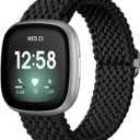 Maledan Braided Stretchy Band Compatible for Fitbit Sense/Versa 3/4 and Sense 2, Soft Elastic Strap Bracelet Wrist Bands for Smart Watch, Accessory for Men and Women (1-Black)