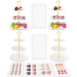 Hoedia 10 Pcs Cake Stand, Plastic Dessert Table Display Set, 4 Pcs 3 Tier Cupcake Stand Tower Holder and 6 Pcs Serving Tray for Tea Party Baby Shower Decorations