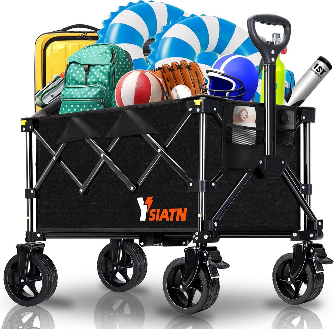 Collapsible Wagon Cart with Wheels Foldable, Folding Wagon Cart with All Terrain Wheel, Large Grocery Carts On Wheels, Heavy Duty Utility Wagons for Shopping Beach Sports Fishing Camping, 110L, Black