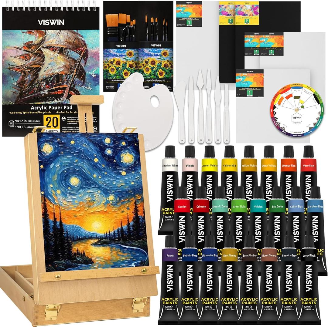 VISWIN 62 Pcs Acrylic Paint Set with Easel Box, Painting Kit with 24 Acrylic Paints, Canvases, Brushes, Palette, Paper Pad, Art Supplies, Art Set Gift for Adults, Kids, Beginners, Artists