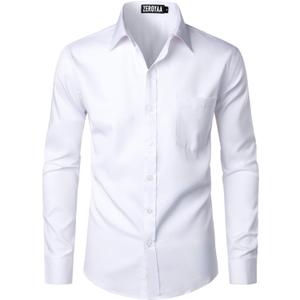 ZEROYAA Men's Urban Stylish Casual Business Slim Fit Long Sleeve Button Up Dress Shirt with Pocket (Large, White)