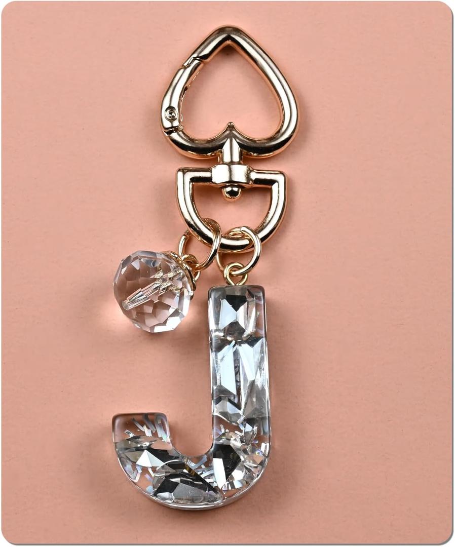Initial Letter Keychain Bling Gifts for Women Girls Backpack Bag Charm Accessories Cute Heart Crystal wallet Car keyring (J-white)
