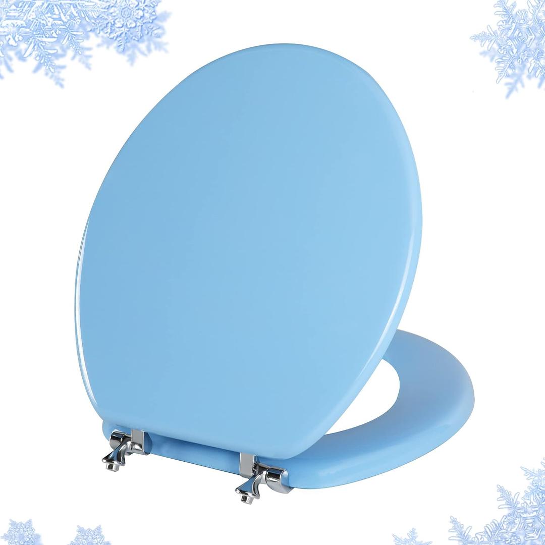 Blue Round Toilet Seat Natural Wood Toilet Seat with Zinc Alloy Hinges, Easy to Install also Easy to Clean, Scratch Resistant Toilet Seat by Angol Shiold (Round, Blue)