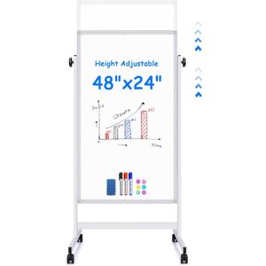 7Maxtek Rolling White Board 48 x 24in,Height Adjustable Whiteboard on Wheels Mobile Easel Large Magnetic Portable Double-Sided Dry Erase Board with Stand for Classroom, Home, School, Office and Teachers