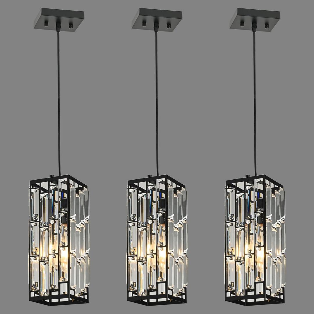 Black Hanging Kitchen Island Modern Concise Crystal Pendant Light Fixture, Adjustable Mini Crystal Pendant Lights Kitchen Island for Kitchen, Dining Room, and Bedroom (3 Pack)