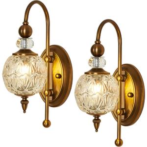 Vintage Gold Wall Sconce Set of Two Mid Century Brushed Brass with Glass Globe Shade Vanity Light Indoor G9 Bulb Wall Light for Bathroom Farmhouse Bedroom Living Room Hallway (2 pack)