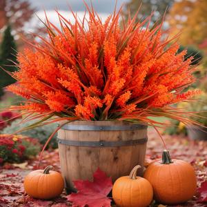 Geegoods 24 Bundles Artificial Fall Flowers Outdoor  Faux Lavender Flowers with Monkey Grass UV Resistant Plastic Faux Plants for Garden Porch Patio Home Decor, Autumn-red Color