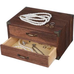 Kichvoe Vintage Wooden Drawer Storage Box with 2 Drawers Compact Desktop Organizer Cabinet for Office Supplies Jewelry Makeup and Home Desk 9.44X7.08X5.11 Inches (24.00X18.00X13.00CM)