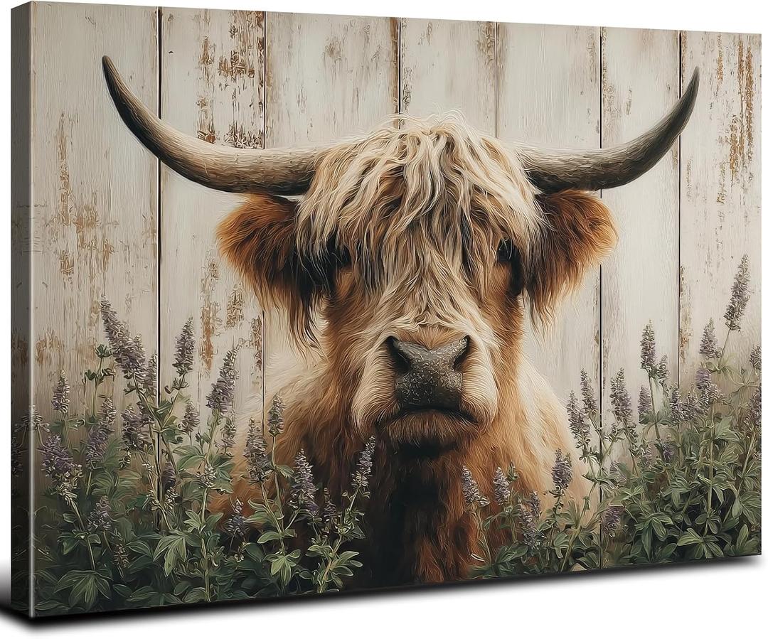 Highland Cow Wall Art Farmhouse Longhorn Animal Picture Canvas for Bathroom Kitchen Western Nature Painting Country Cute Cattle Prints Vintage Cowboy Poster Artwork Living Room Home Decoration 12x16"