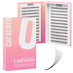 Curacoro LashFolio Narrow Promade Fans, Handmade Volume Eyelashes, 5D~10D, C CC D Curl, Thickness 0.03~0.07mm, 8-15mm Length, Professional Long-Lasting Promade Lash Fans (5D-0.07 D, 8mm-15mm)