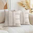AELS 16x16 Decorative Farmhouse Linen Throw Pillow Covers, Boho Textured Pillow Case, Set of 2, Beige with White & Black Stripe Patchwork Cushion Cover for Sofa Couch Living Room (Cover ONLY)