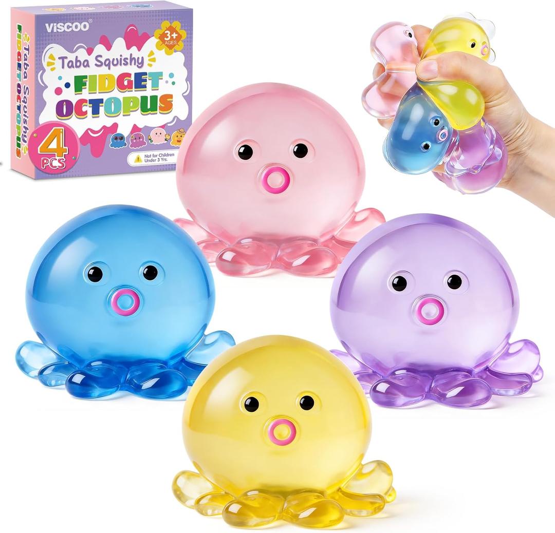 VISCOO 4 Pack Octopus Stress Balls for Adults Kids, Taba Squishy, Squishy Fidget Toys for Anxiety Stress Relief, Cute Squeeze Ball Set for Easter Basket Stuffers, Party Favors Classroom Prize Birthday