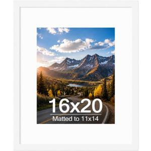 Wood 16x20 Picture Frame with 11x14 Mat White, Display 11x14 with Mat or 16x20 Without Mat, Wood 16 by 20 Photo Frame, 16 x 20 Frame for Wall Hanging Display, White