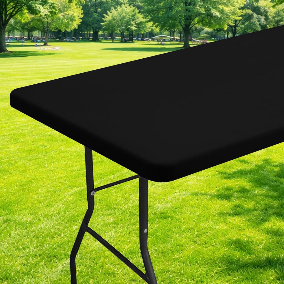 Moosfor Spandex 8 Foot Rectangle Table Cloth, Elastic Fitted Tablecloths for Picnic, Stretch Washable Patio Table Cover for Outdoor, Camping, Banquet and Parties (Black, 30"x96")
