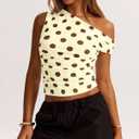 Women Y2k Vintage Polka Dot Asymmetrical Off Shoulder Ruched Crop Tank Tops Slim Fitted Sleeveless Cute Shirts (M)