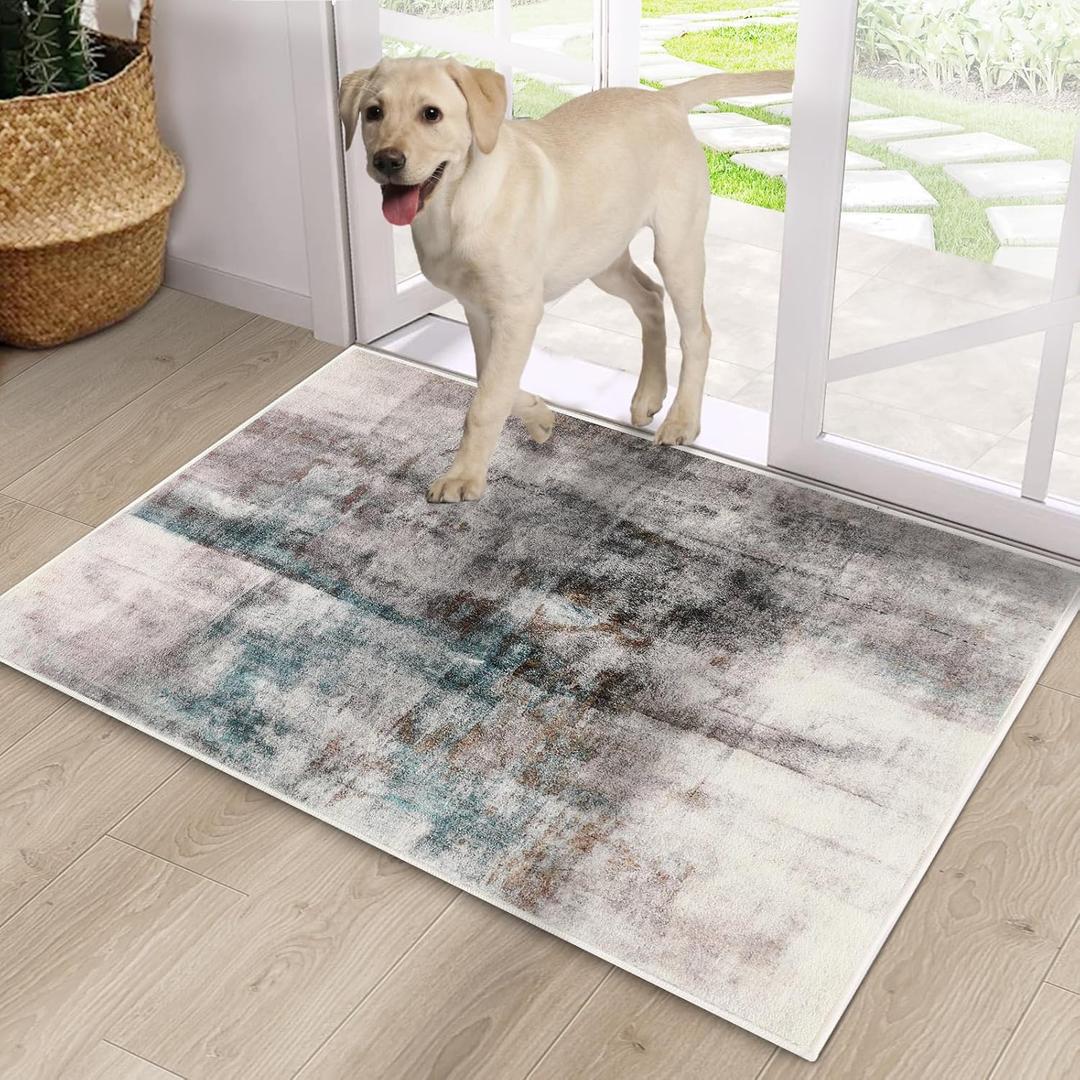 CRISTGEE Door Mat, Front Indoor Door Mat Faux Wool Non-Slip Entryway Rug Absorbent Abstract Throw Rug for Indoor Entrance Hallway Laundry Room, High Traffic Areas, 20 x 32 Inches, Lake Blue/Gray (1'8" X 2'8" (Rectangular))