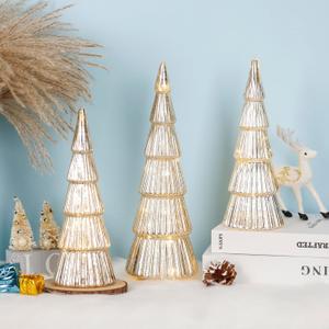 3 Pcs Mercury Glass Christmas Tree with Lights Table Top Gold Christmas Tree Holiday Home Tabletop Centerpieces Mantle Decor (Gold)