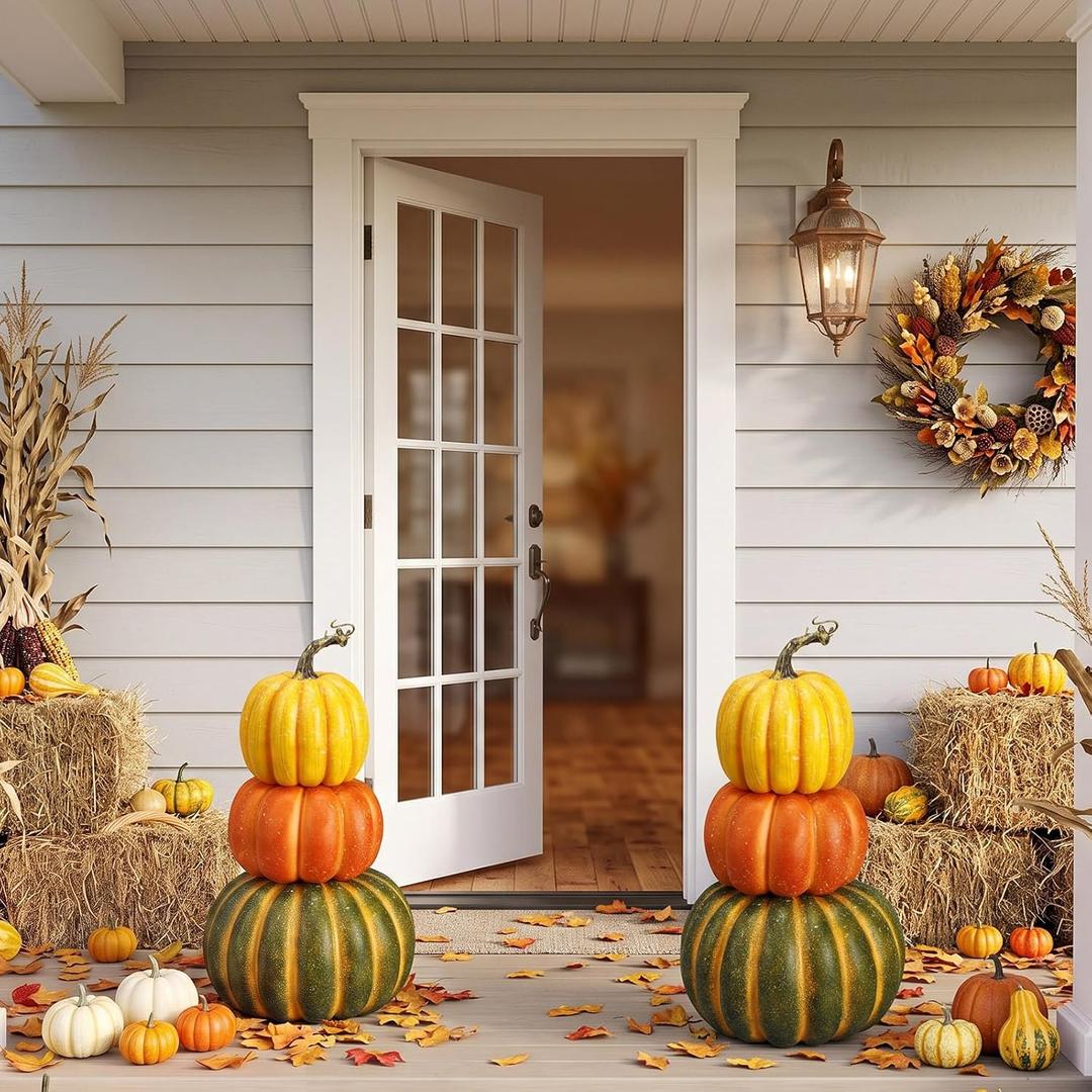 Hoteam 2 Pcs 14" Artificial 3 Tier Stacked Pumpkin Tower Autumn Fall Decor