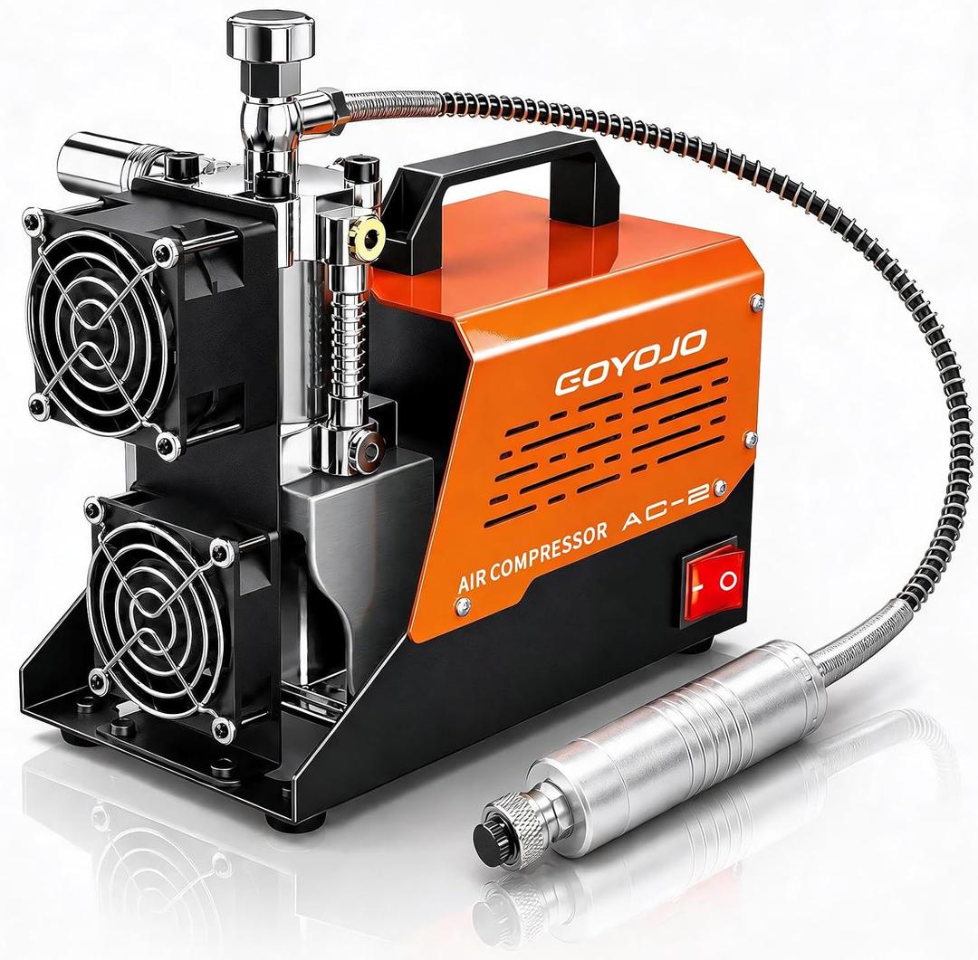 GOYOJO AC-2 PCP Air Compressor, 4500 PSI/30 MPa Portable Oil-Free Air Pump, Up to 45 Min Continuous Runtime, 12V DC & 110V/220V AC Converter, for PCP Airguns & HPA Paintball Tanks