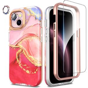 SHEDEER for iPhone 15 Case with Shiny Camera Protective Film + Screen Protector & Bumper, TPU Shockproof 360 Protection, Chic Glossy Fade-Resistant Pattern Phone Cases Cover for iPhone 15, Pink