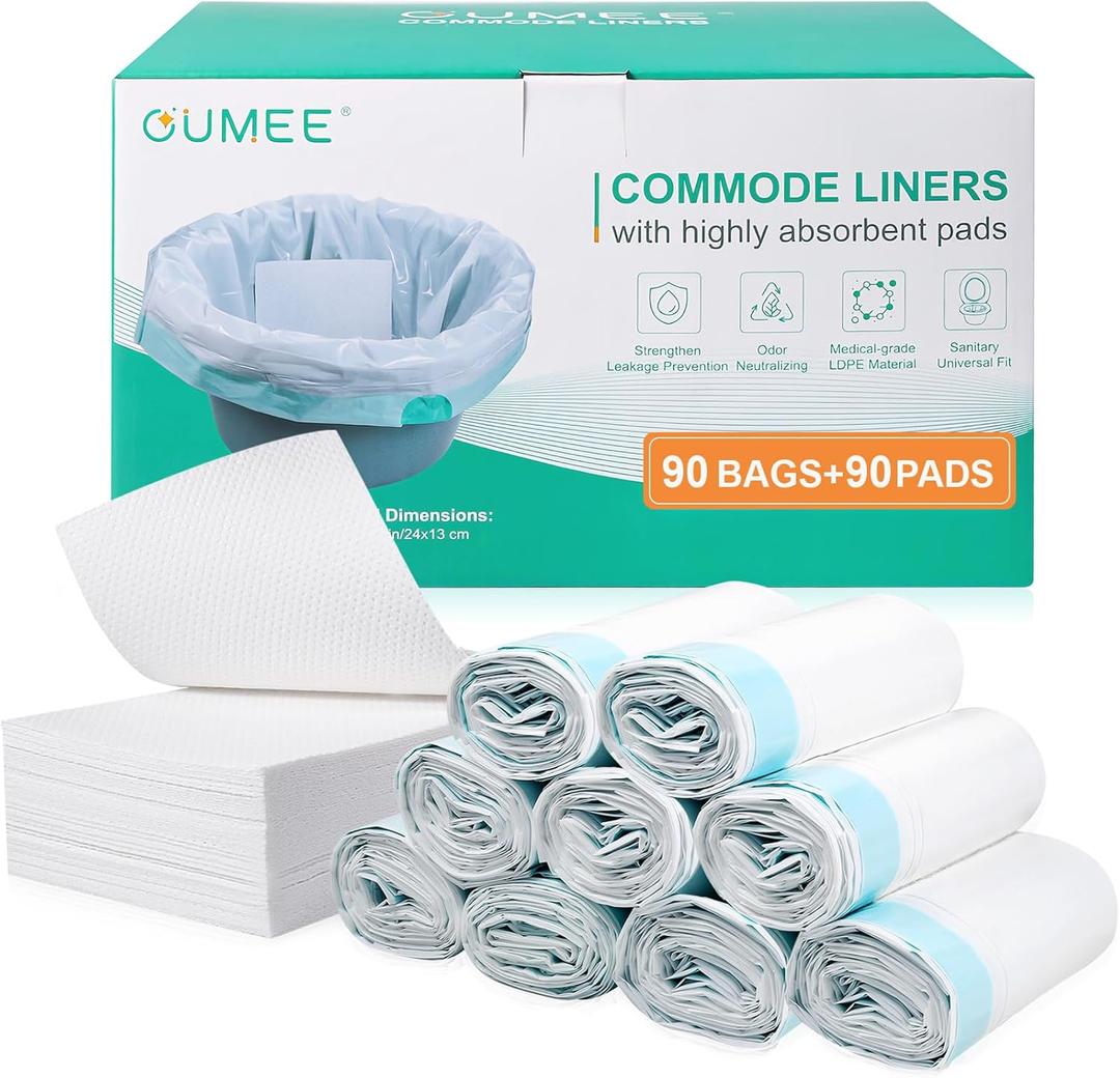 OUMEE Commode Liners with Absorbent Pads, 90 Bedside Commode Liners and 90 Pads for Commode Bucket, Disposable Commode Bags for Adults, Portable Leak-Proof Potty Chair Liners (1 Count (Pack of 180))